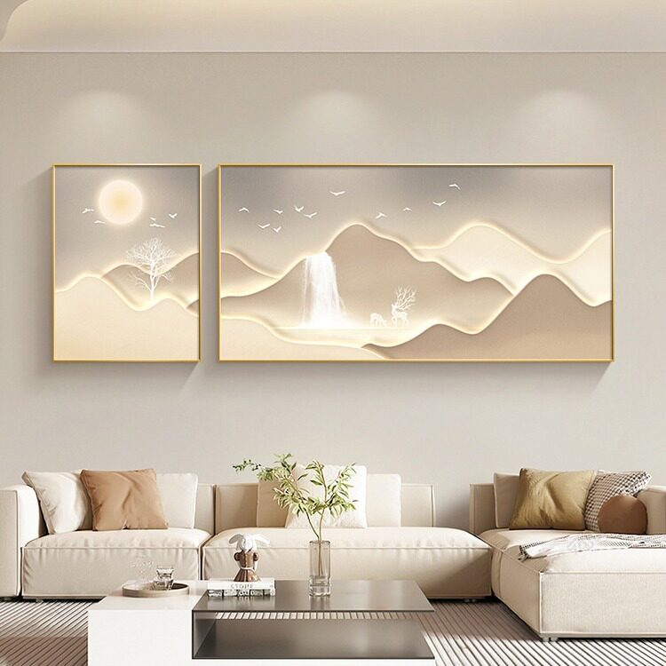 轻奢客厅装饰画背有靠山大气沙发背景墙挂画高级感聚宝盆山水壁画