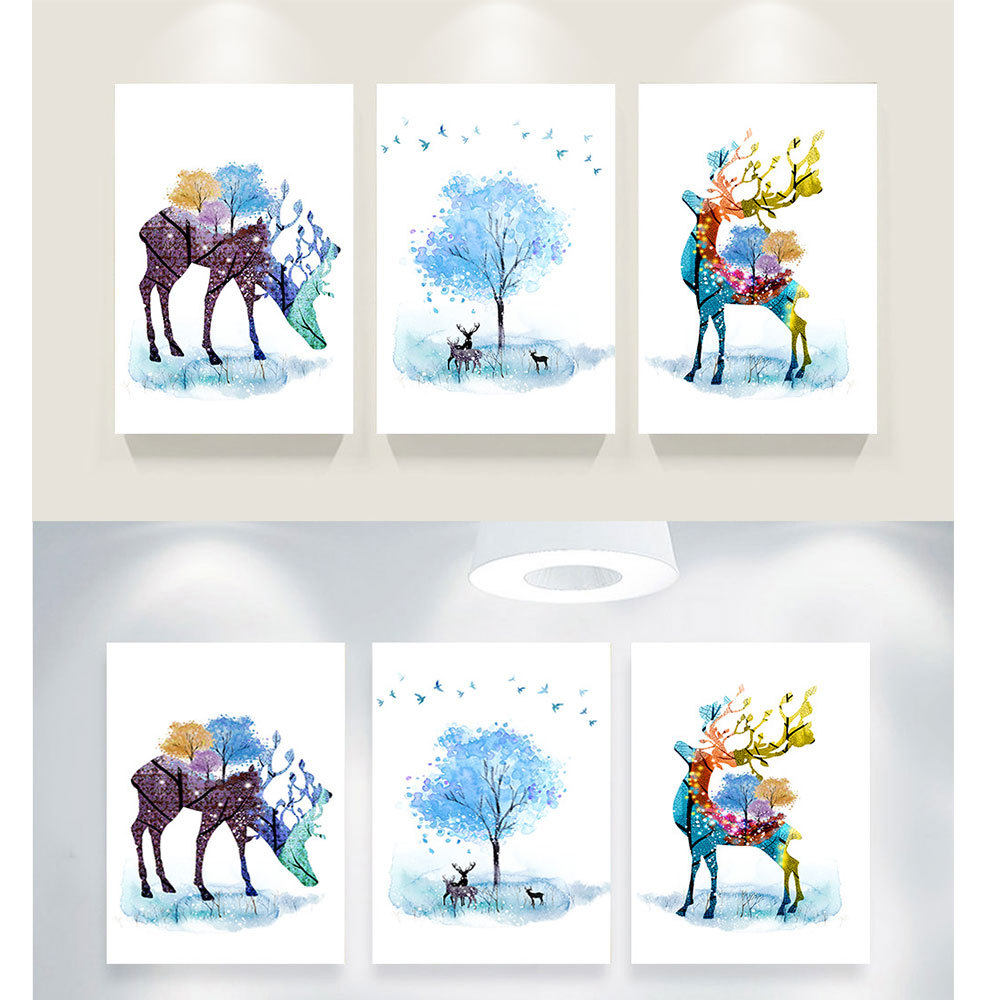新款外贸北欧现代简约水彩手绘发财鹿装饰画客厅书房壁画画芯