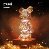 创意七彩变光烟花熊床头氛围灯3D玻璃USB插电遥控台灯生日礼物