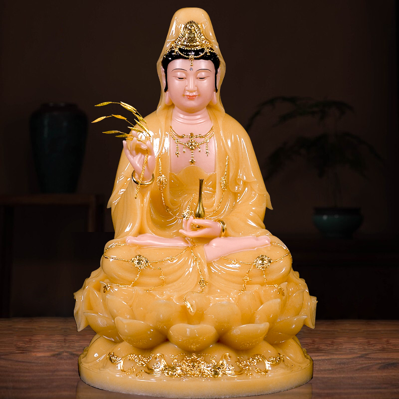 观音菩萨家用坐莲观音佛像汉白玉镶金南海送子观音娑婆三圣摆件