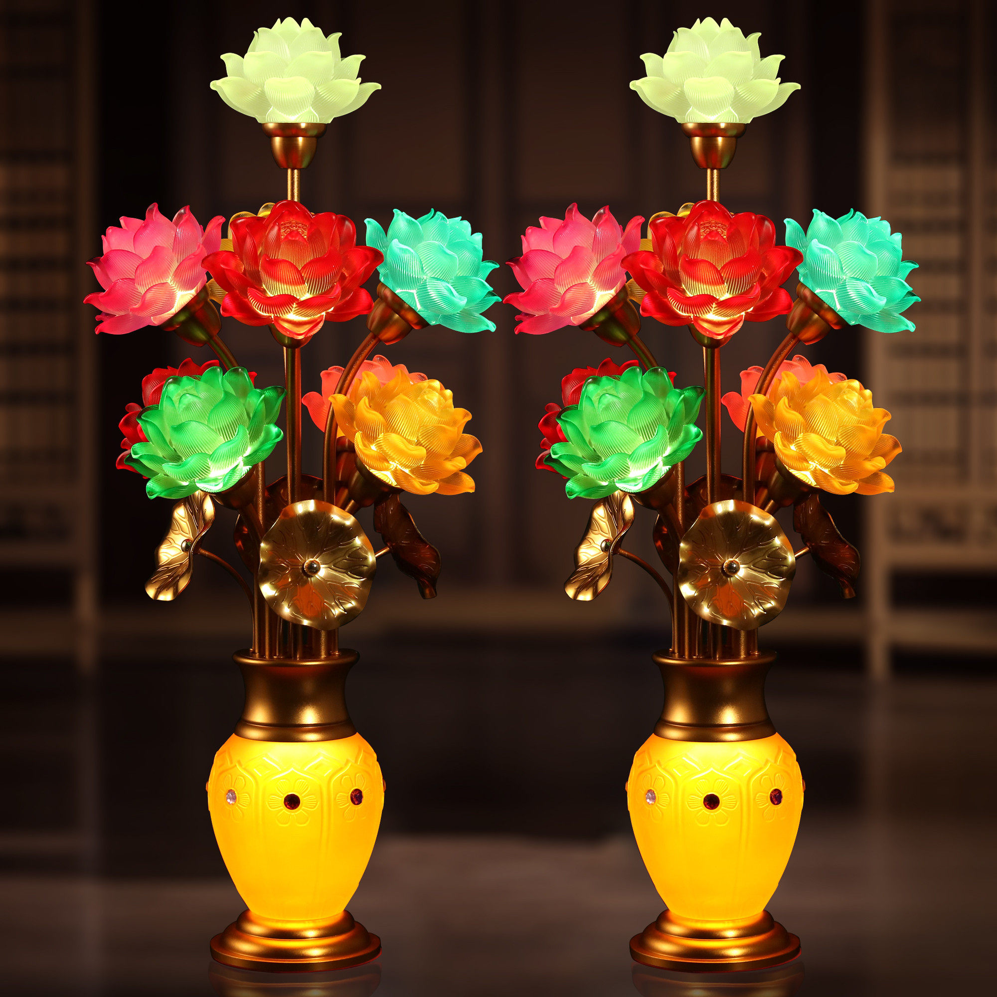 七彩莲花灯菩萨佛前佛供灯观音灯一对家用插电供奉供佛琉璃神台灯