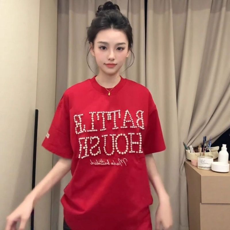 显白休闲纯棉上衣女夏2025新款美式复古刺绣钉珠百搭高街短袖t恤
