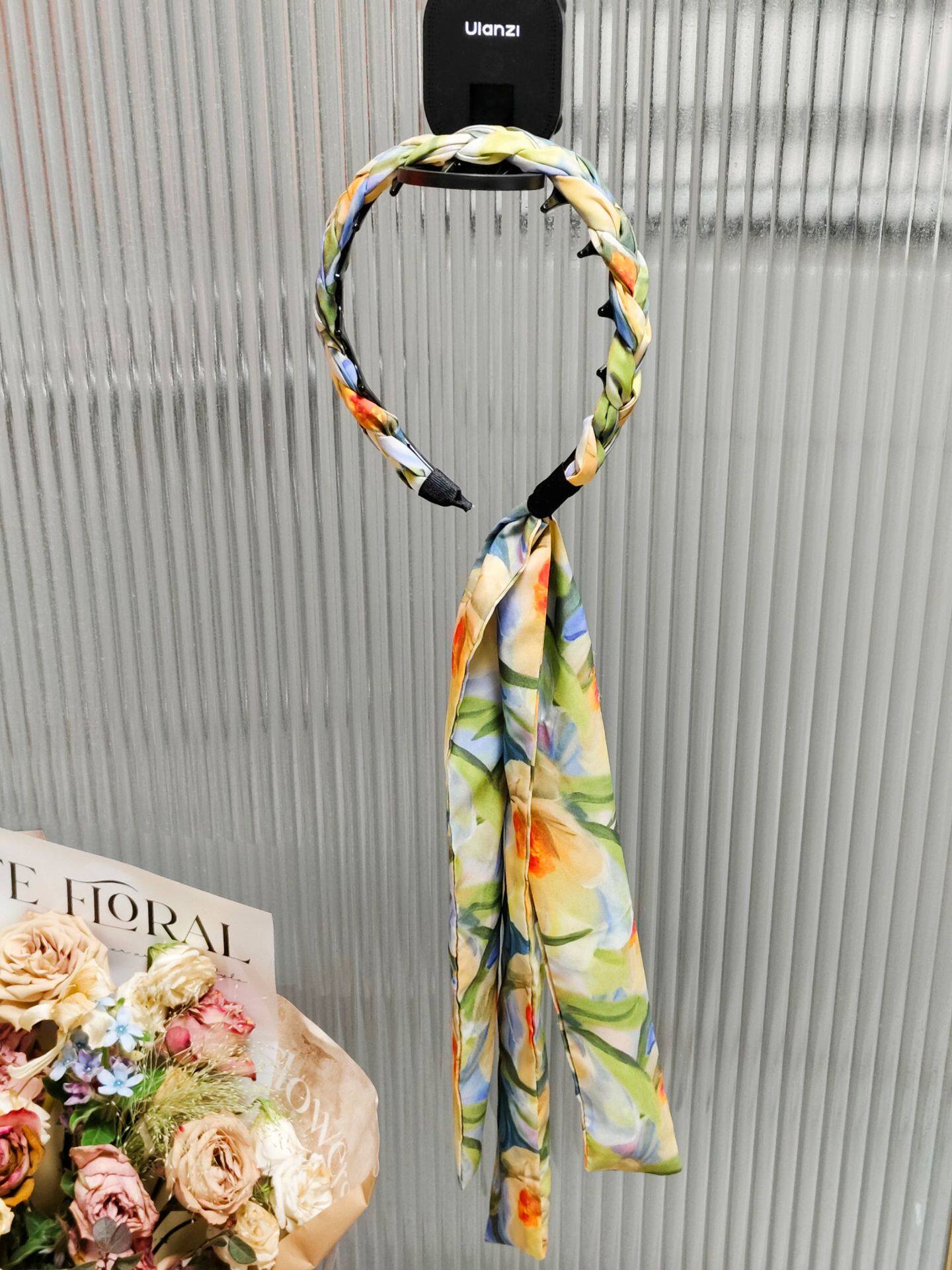 莫奈花园黄绿色碎花麻花辫长飘带发箍女2026新款甜美气质绑带发卡