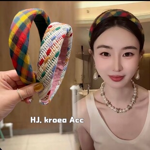陈太太同款红蓝黄格子海绵发箍白色彩虹毛线编织发卡2025夏季新款