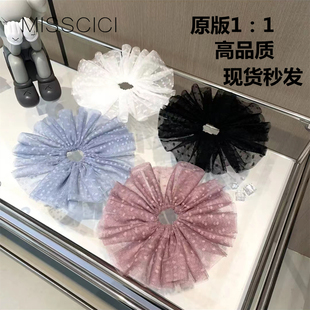 mono张琦贤同款奶油黄超大蕾丝波点大肠发圈网红赫本风头纱头绳女