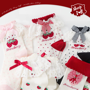 绵羊泡芙原创草莓花边lolita袜子可爱短袜少女春夏棉袜中筒袜女