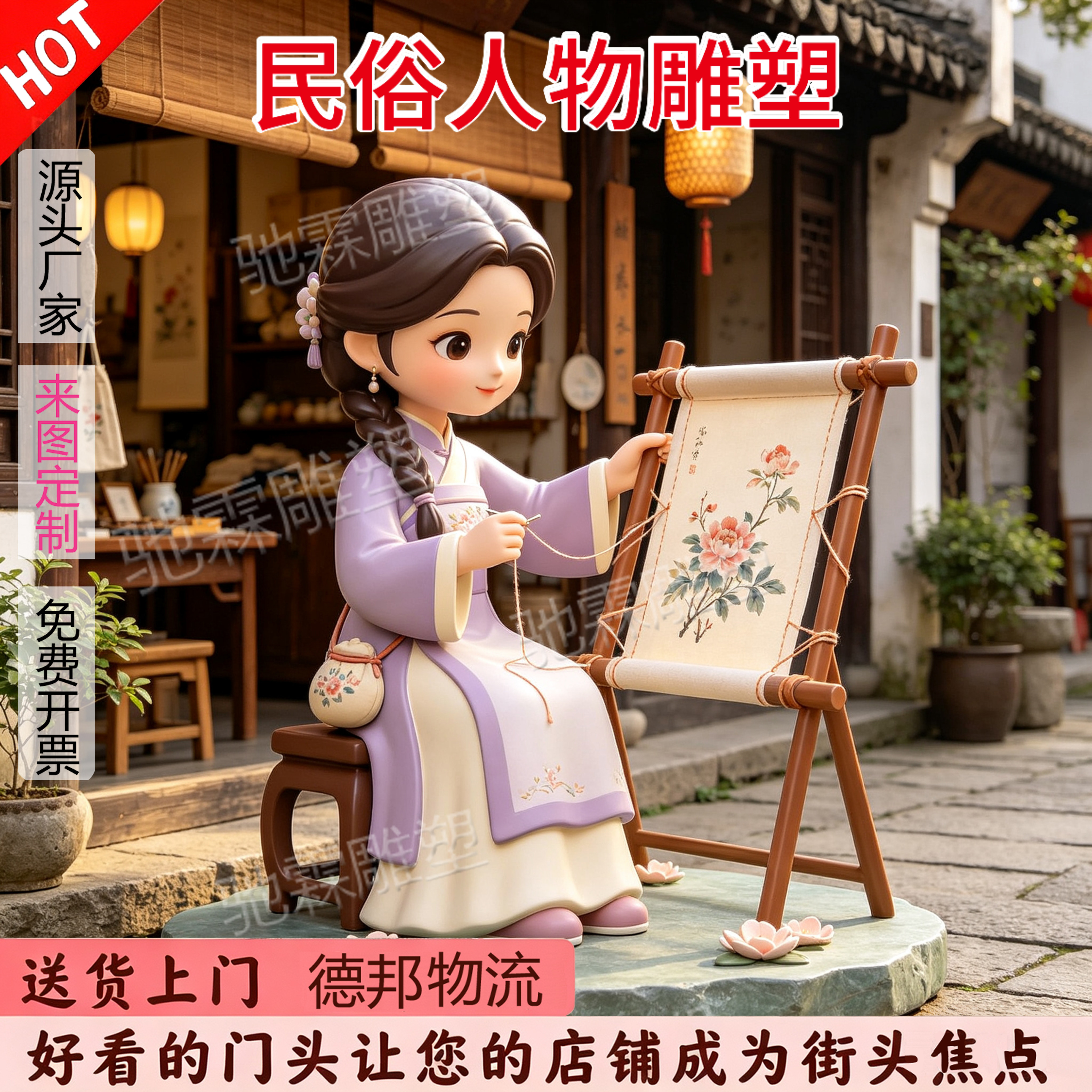 玻璃钢卡通绣娘刺绣人物雕塑商业街民俗小品景观非遗扎染文化摆件