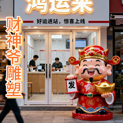 玻璃钢卡通财神爷雕塑定制商场庆典金元宝铜钱引流招财美陈大摆件