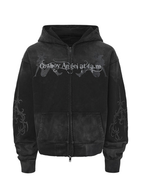 4AM 水洗重磅440g做旧黑色牛仔牛仔女郎印花修身连帽拉链开衫卫衣