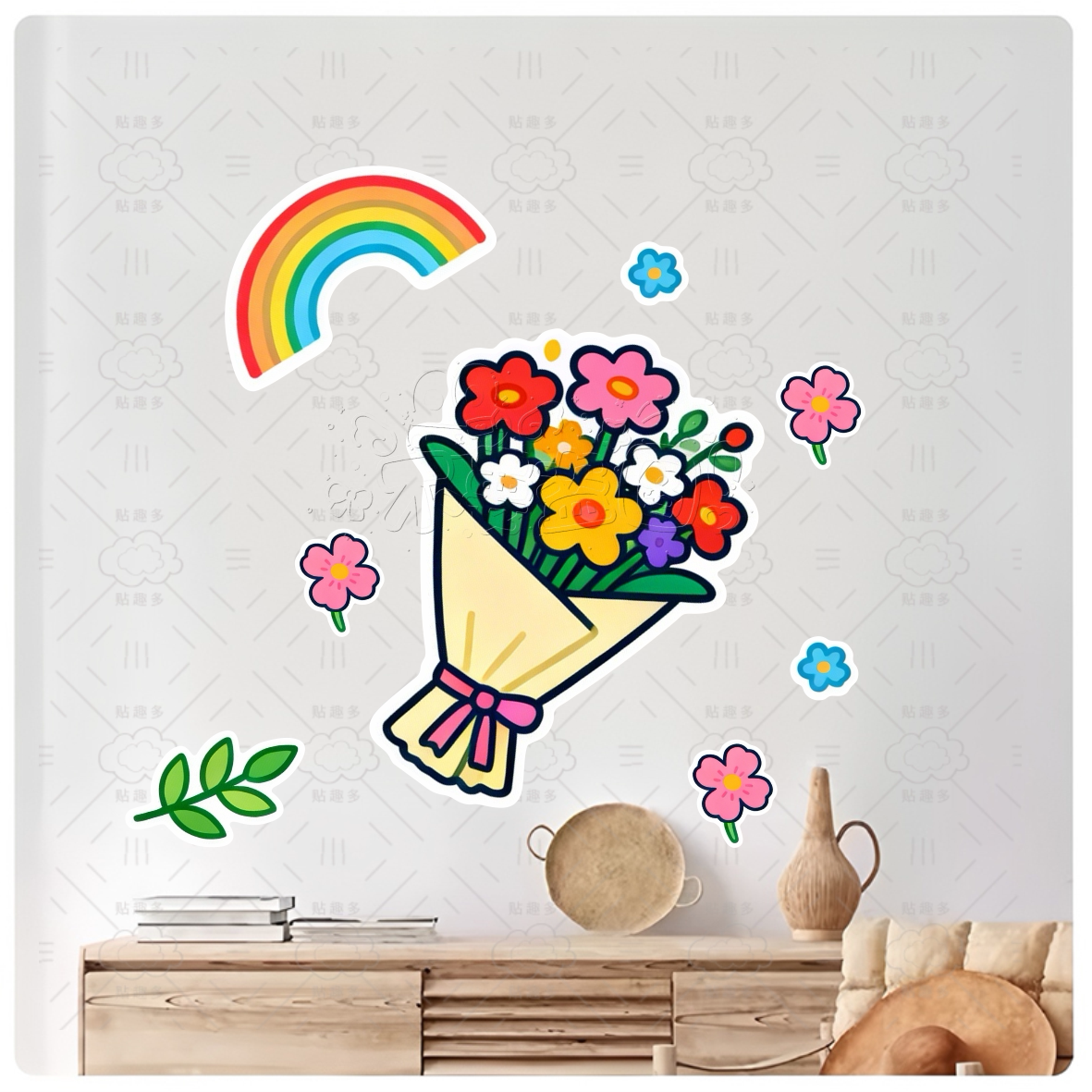 彩虹花朵墙贴儿童房装饰贴纸防水防晒卡通手绘墙贴画冰箱 橱柜
