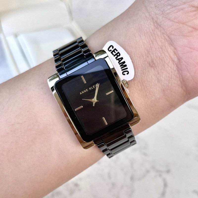 anne klein 安妮克莱因手表女陶瓷黑金通勤方形女表 ak/2952bkgb