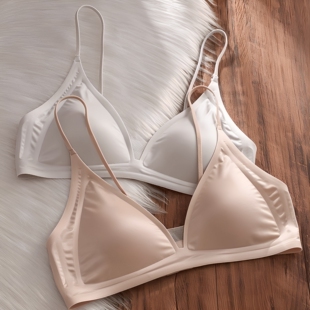 丝滑缎面内衣女细肩带无痕三角杯小胸无钢圈文胸罩薄 夏季 法式 深V