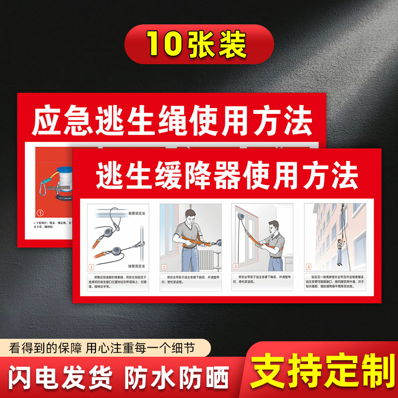 应急逃生绳使用方法贴纸标识牌消防缓降器救援提示说明步骤标志牌免费定制