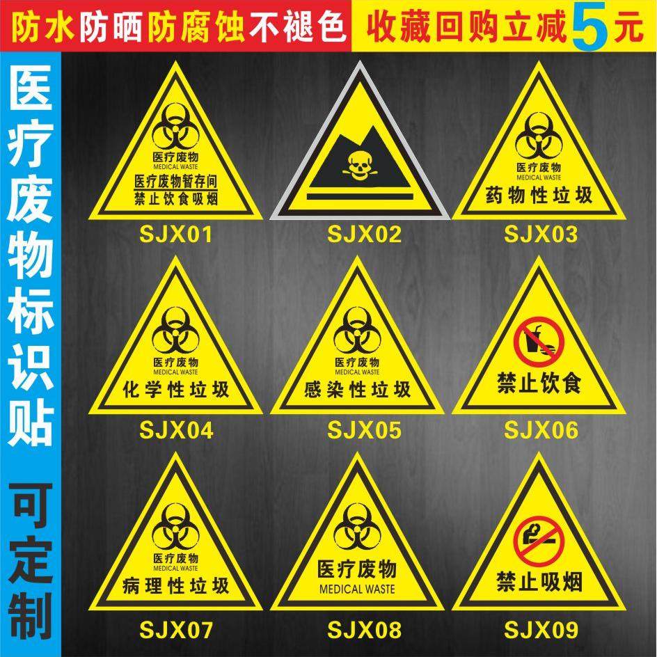 医疗废物标识贴医院垃圾桶分类标志危废弃暂存间点存放处提示禁止饮食严禁吸烟贴纸警示牌当心电离辐射指示牌