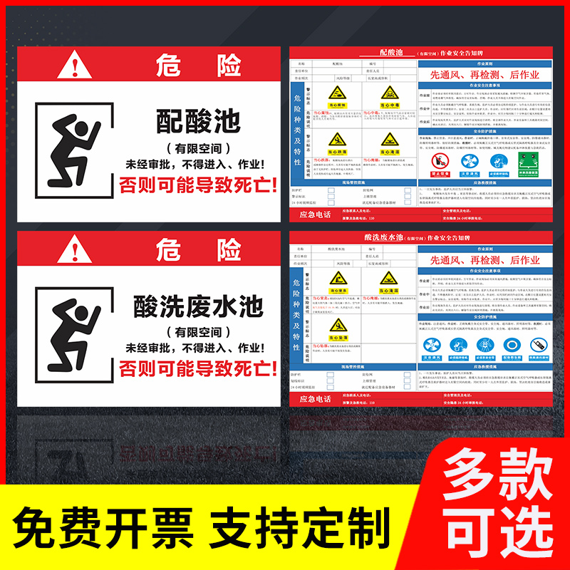 酸洗废水池有限空间作业安全告知牌告知卡未经许可禁止入内密闭空间作业配酸池酸洗平台酸罐标识牌警示牌定制