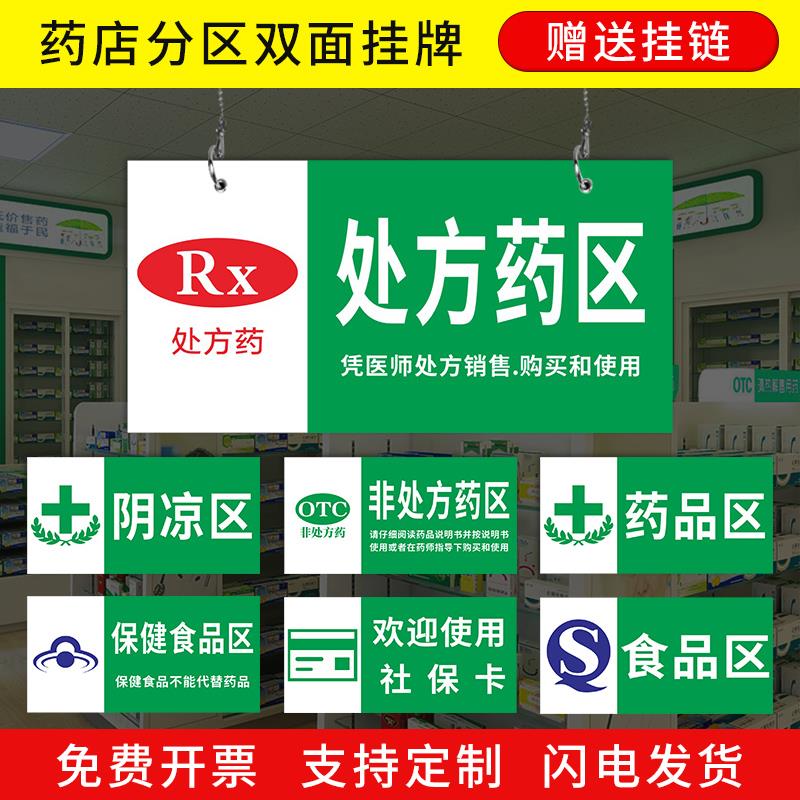 药店分区吊牌双面分类挂牌非处方药区保健食品区医保区收银台诊所药房区域划分标识牌指示牌标志牌定制