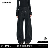 2025年新款 IMXS铆钉褶皱车线PU皮裤 女款 黑色宽松阔腿休闲裤 弯刀裤