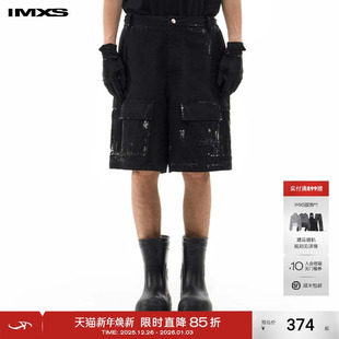 街头黑色潮流绣花牛仔休闲宽松裤 美式 子 口袋短裤 IMXS烫银工装