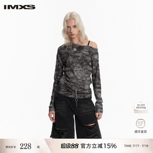 IMXS网纱连体露肩上衣美式复古晕染打底上衣设计感圆领修身长T恤X