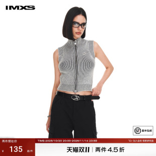上衣女 甜酷吊带背心外穿无袖 IMXS双色坑条立领拉链针织夏季 美式