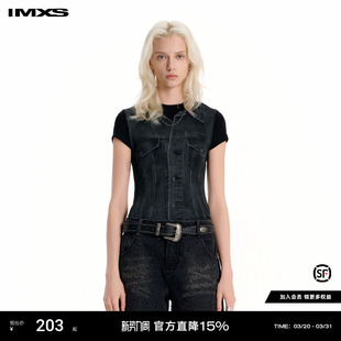 潮流T恤2025年夏季 IMXS3D牛仔印花短袖 女紧身显瘦设计感正肩短款