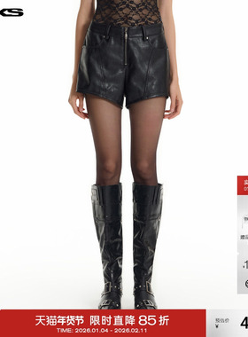 IMXS美式PU皮辣妹设计感机车摩登黑色超短皮裤修身短裤2025年新款