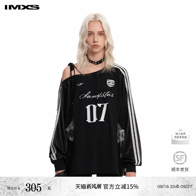 IMXS蕾丝斜肩球衣运动风长袖t恤美式潮牌休闲宽松上衣女2026年秋图片