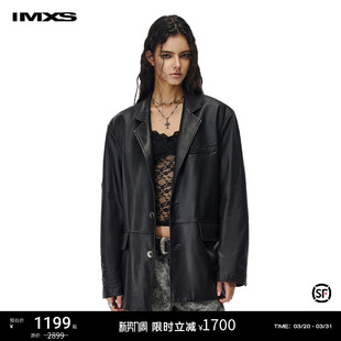 复古哑光细腻纹理羊皮翻领夹克上衣女 美式 IMXS真皮西装 皮衣外套
