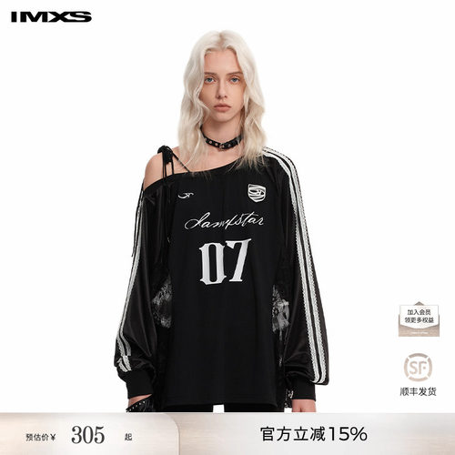 IMXS蕾丝斜肩球衣运动风长袖t美式潮牌休闲宽松上衣女2025年春季