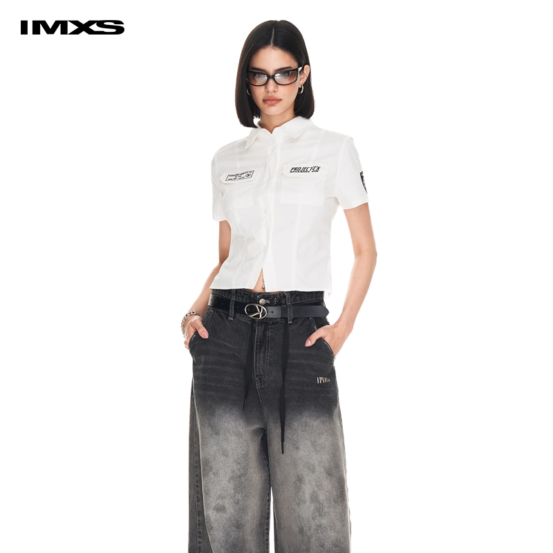 IMXS修身美式辣妹扣短袖衬衫