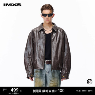 复古pu皮衣外套男 保暖棕色美式 IMXS翻领夹棉插肩袖 夹克宽松秋冬季