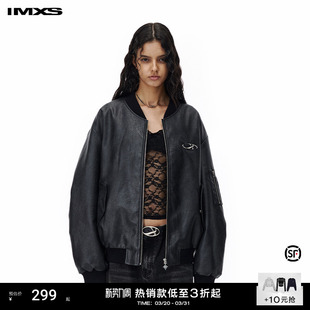 IMXSPU皮衣男女街头痞帅情侣拉链机车飞行员夹克修身 显瘦外套