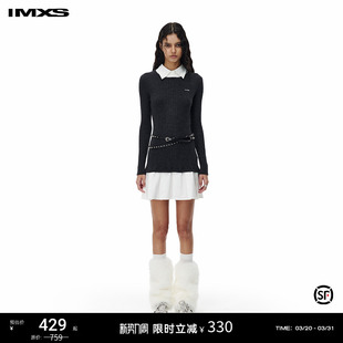 IMXS假两件毛织连衣裙衬衫 收腰显瘦辣妹裙子秋冬 拼接羊毛黑色修身