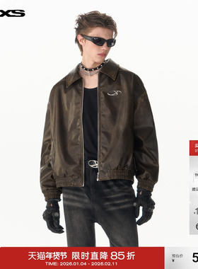 IMXS【明星同款】美式复古做旧手工擦色pu皮夹克机车翻领皮衣外套