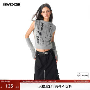 外穿上衣女 复古高领印花慵懒美式 IMXS废土连帽背心毛衣修身 无袖