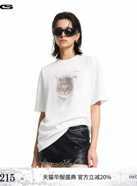 【明星同款】IMXS叛逆虎斑猫咪印花朋克风铆钉T恤短袖春夏新品