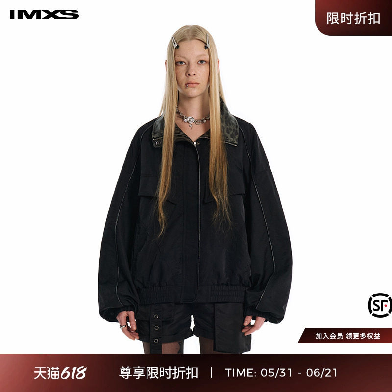 IMXS拼接豹纹翻领皮领pu皮衣宽松中性风夹克外套早秋2025年新款