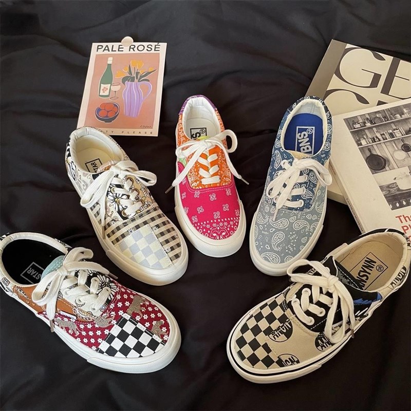 腰果花帆布鞋女2023新款格子拼接韩版低帮情侣休闲板鞋男