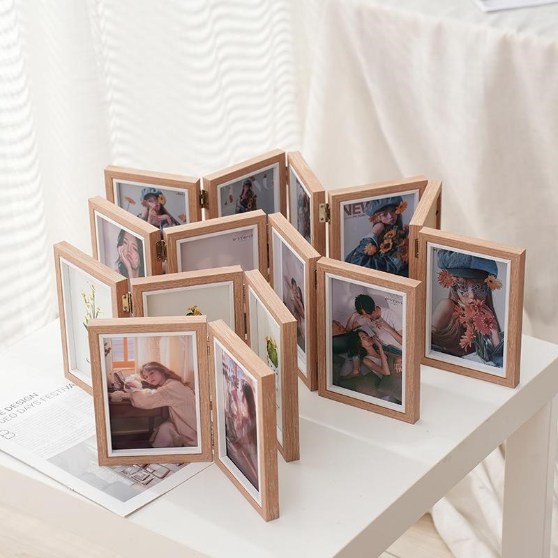 创意木质相框两联三联四连6/7寸8寸双面折叠相架文艺风相片框摆台