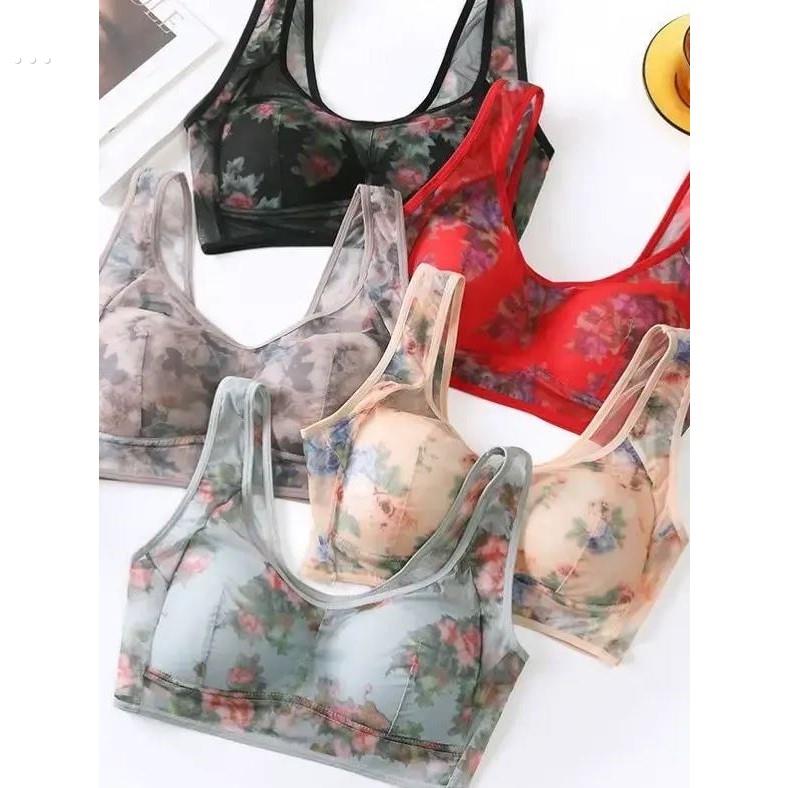 中年贵妇无痕运动内衣网纱透明印花背心全罩杯固定肩带无钢圈文胸