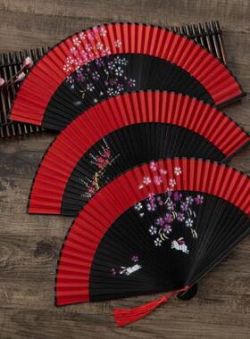 红色舞蹈扇子跳舞专用折扇古典舞中国风古风寄明月易开合扇子汉服