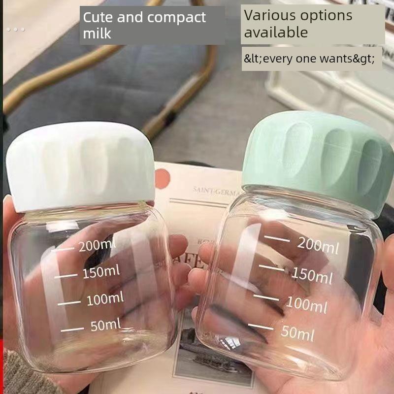 胖玻璃女性便携式水杯高看迷你透明豆浆与盖子规模牛奶杯小杯
