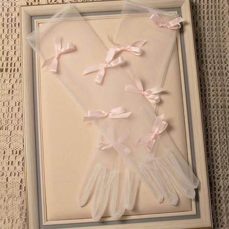 新款婚纱手套粉色系蝴蝶结造型中长纱手套新娘写真摄影拍照配饰