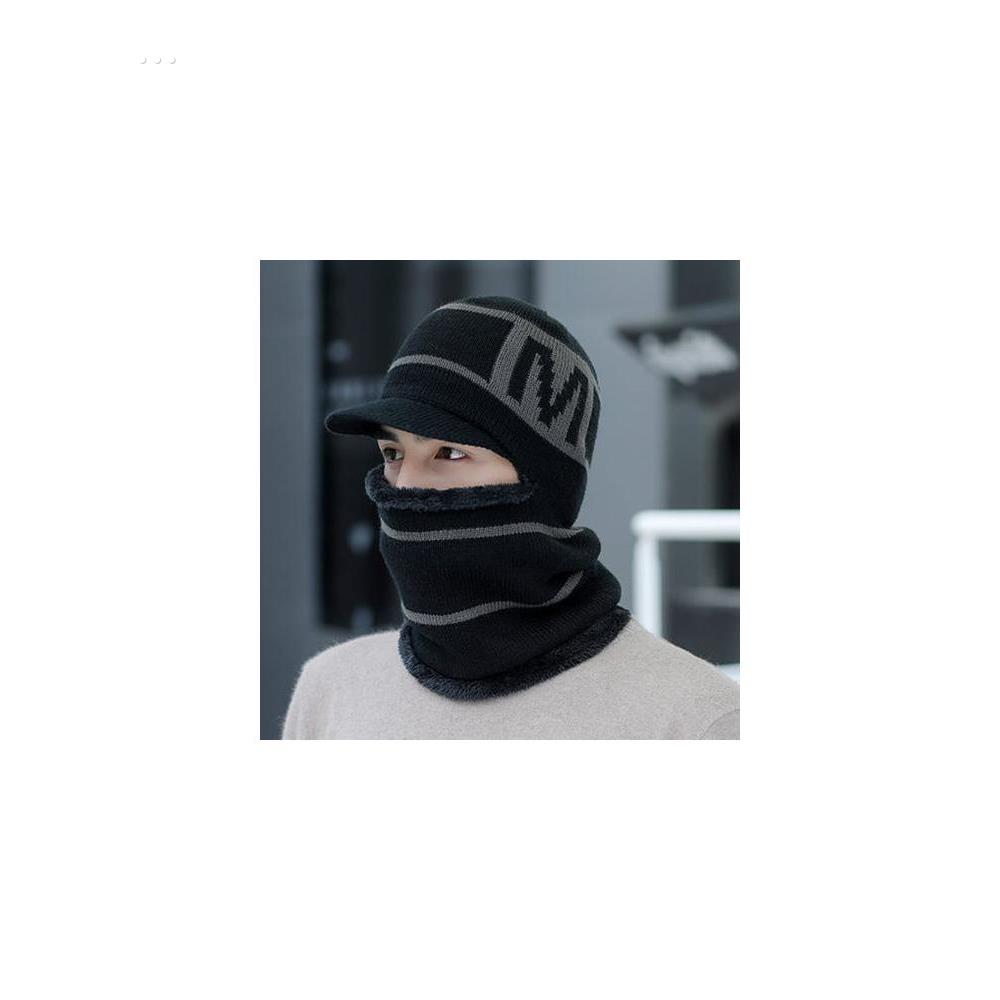 帽子男士秋冬季加绒加厚护耳毛线帽保暖针织冬天连体帽骑车防风帽