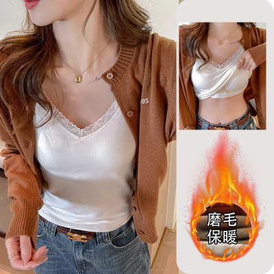 冬保暖磨毛打底吊带背心女内搭带胸垫一体固定式加绒蕾丝v领上衣