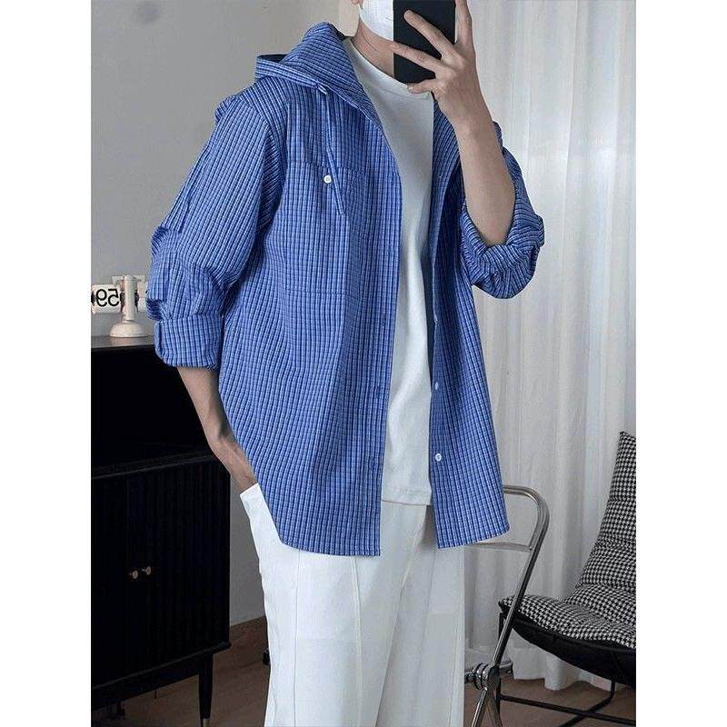 港风chic格子衬衫男长袖夏季连帽宽松青少年防晒薄款衬衣外套潮
