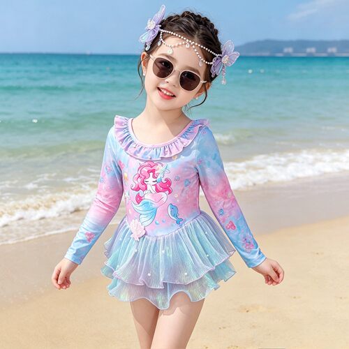女童泳衣夏款儿童连体长袖防晒泳装2026新款女宝美人鱼裙式游泳衣
