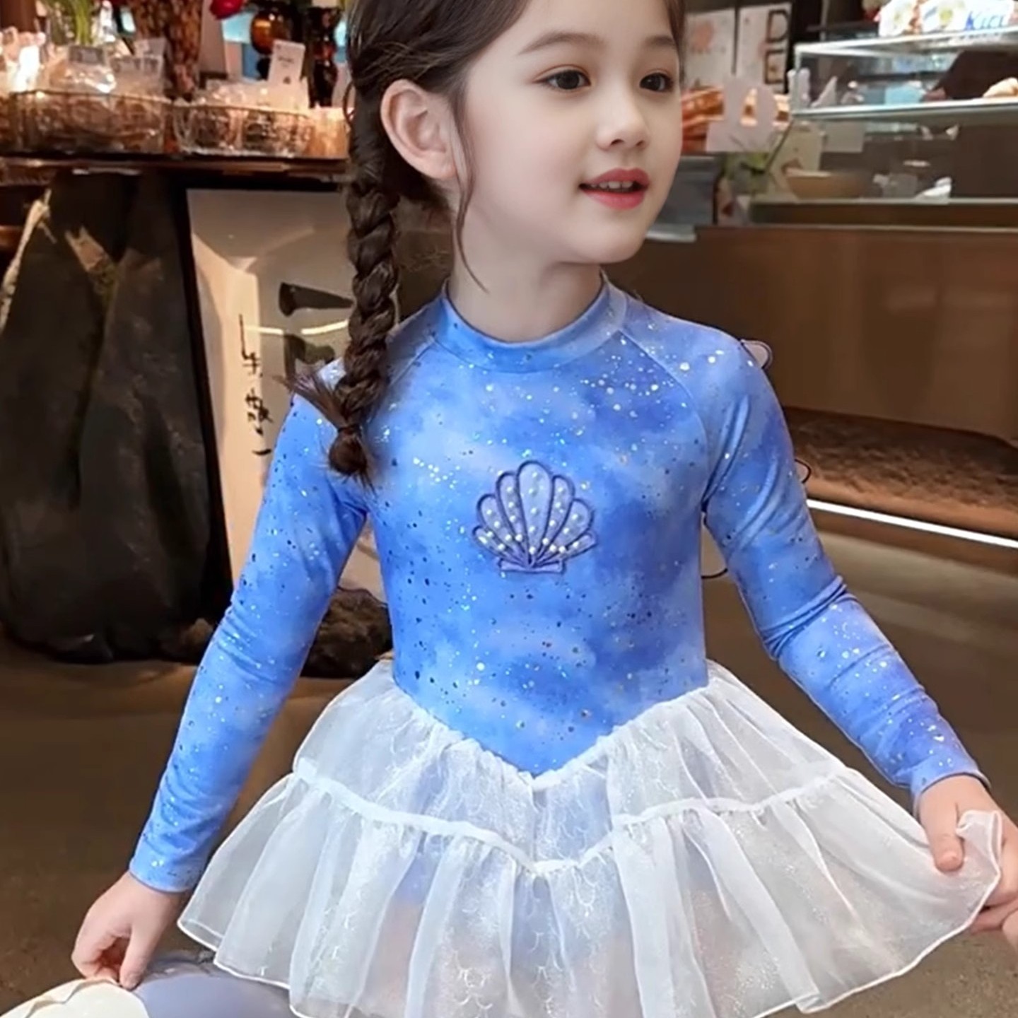 女童泳衣2025新款儿童长袖连体裙式游泳衣女孩防晒美人鱼沙滩泳装