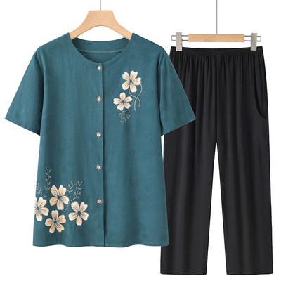 2025新款中老年女装夏装套装妈妈绵绸短袖衬衫上衣奶奶两件套衣服