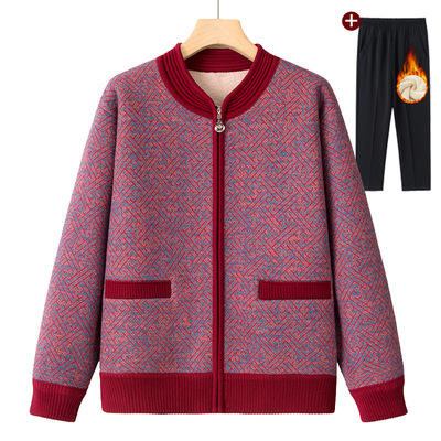 奶奶加绒外套厚老年人冬装女妈妈毛衣老太太开衫保暖套装老人衣服